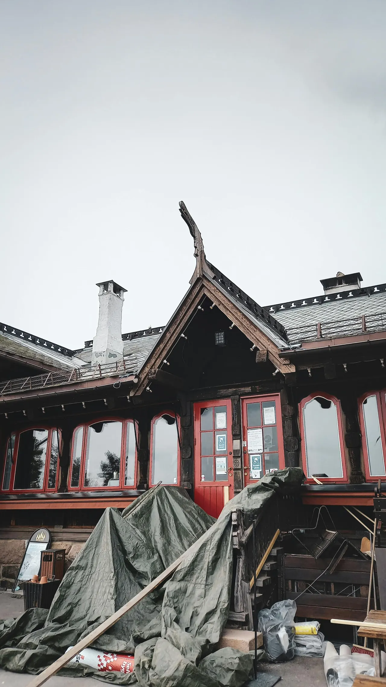 An ornate building with damaged exterior sections